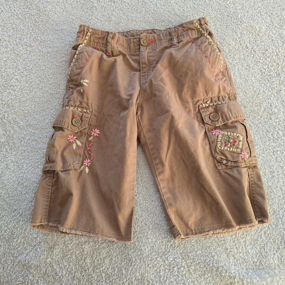 Vtg 2003 Gap Kids Girls Cargo Capri Rough Hem Embroidered Floral Accents Sz 10